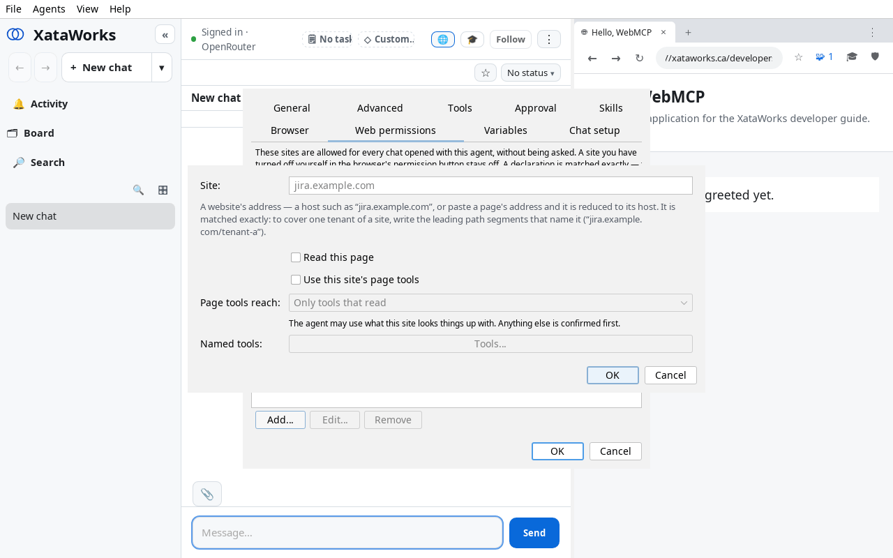 The Declared site dialog over the agent form. A Site field with the placeholder jira.example.com and help text saying a site is matched exactly and that a tenant can be covered by writing its path, as in jira.example.com/tenant-a. Checkboxes Read this page and Use this site's page tools. Page tools reach: Only tools that read, with the note that anything else is confirmed first. Named tools: a Tools… button. OK and Cancel.
