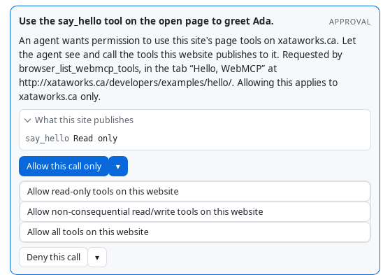The same card with its approval menu open, listing three answers: Allow read-only tools on this website; Allow non-consequential read/write tools on this website; Allow all tools on this website.
