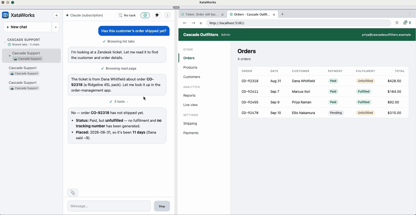 The XataWorks window. On the left, a chat: the question &ldquo;Has this customer&rsquo;s order shipped yet?&rdquo;, then the assistant reading the Zendesk ticket, looking the order up in the order-management app, and answering — no, order CO-92318 is paid but unfulfilled, with no tracking number generated. On the right, the order-management app showing that order marked Unfulfilled.