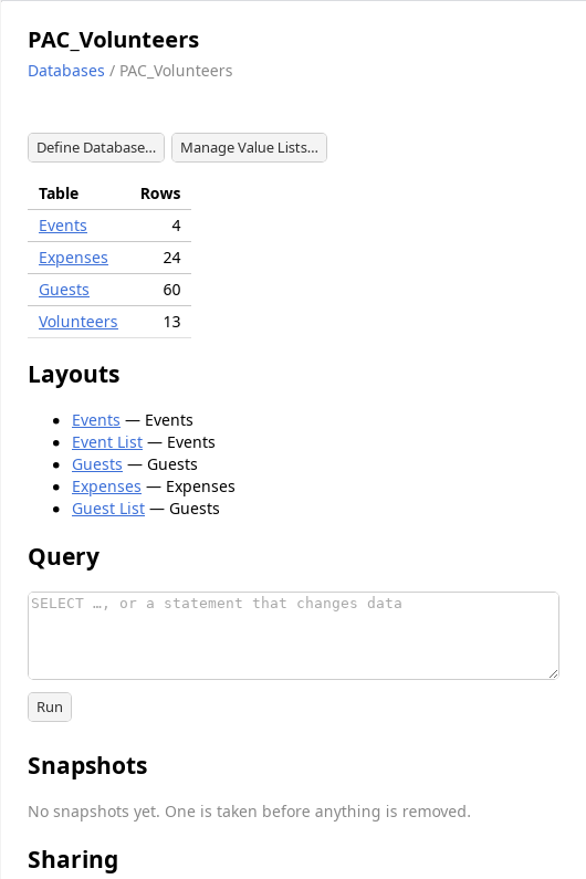 The PAC_Volunteers database the agent built, open in XataWorks: its Events, Expenses, Guests and Volunteers tables, the new Volunteers table holding 13 rows.