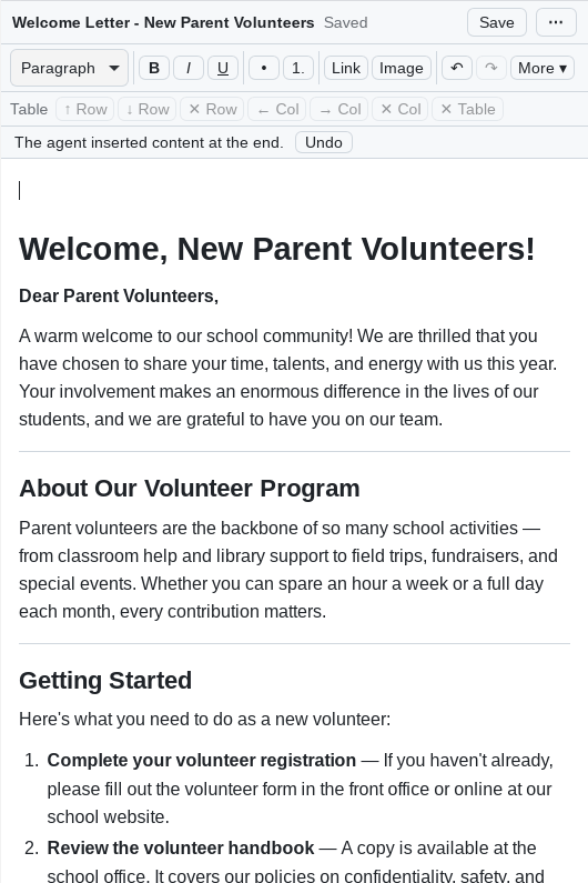 A one-page welcome letter for new parent volunteers, open in the XataWorks document editor. The agent wrote it, and the editor notes that the agent inserted the content, with an Undo button.