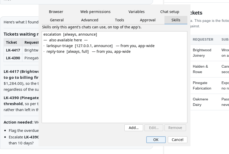 The agent’s editor on its Skills tab, over a conversation. A line reads “Skills only this agent’s chats can use, on top of the app’s.” The list shows one skill belonging to the agent, escalation, marked [always, announce]; then a divider reading “also available here”, under which larkspur-triage [127.0.0.1, announce] and reply-tone [always, full] are each marked “from you, app-wide”. Buttons read Add…, Edit… and Remove, above OK and Cancel.