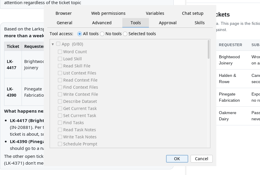 The agent’s editor on its Tools tab, over a conversation. A row reading “Tool access:” offers three choices — All tools, No tools, and Selected tools — with All tools chosen. Below it a tree headed “App” lists the application’s own tools with a checkbox beside each.
