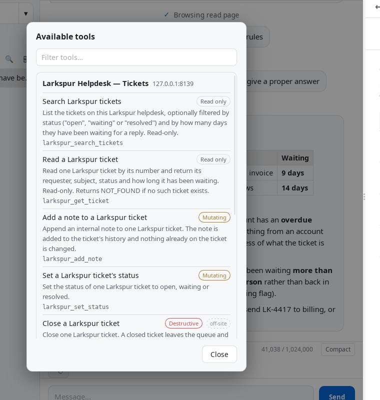 A dialog headed Available tools, with a filter box, then a group headed Larkspur Helpdesk — Tickets with its host beneath. Six operations are listed, each with a description and its technical name: Search Larkspur tickets and Read a Larkspur ticket are badged Read only; Add a note to a Larkspur ticket and Set a Larkspur ticket's status are badged Mutating; Close a Larkspur ticket is badged Destructive and off-site.