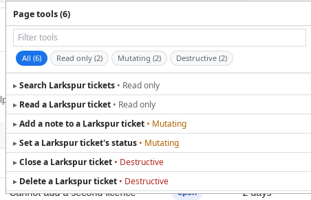 The page-tools list open from the browser toolbar. It is headed Page tools (6), with a filter box and four chips reading All (6), Read only (2), Mutating (2) and Destructive (2). Six rows follow, each naming an operation and its class: Search Larkspur tickets, Read only; Read a Larkspur ticket, Read only; Add a note to a Larkspur ticket, Mutating; Set a Larkspur ticket's status, Mutating; Close a Larkspur ticket, Destructive; Delete a Larkspur ticket, Destructive.