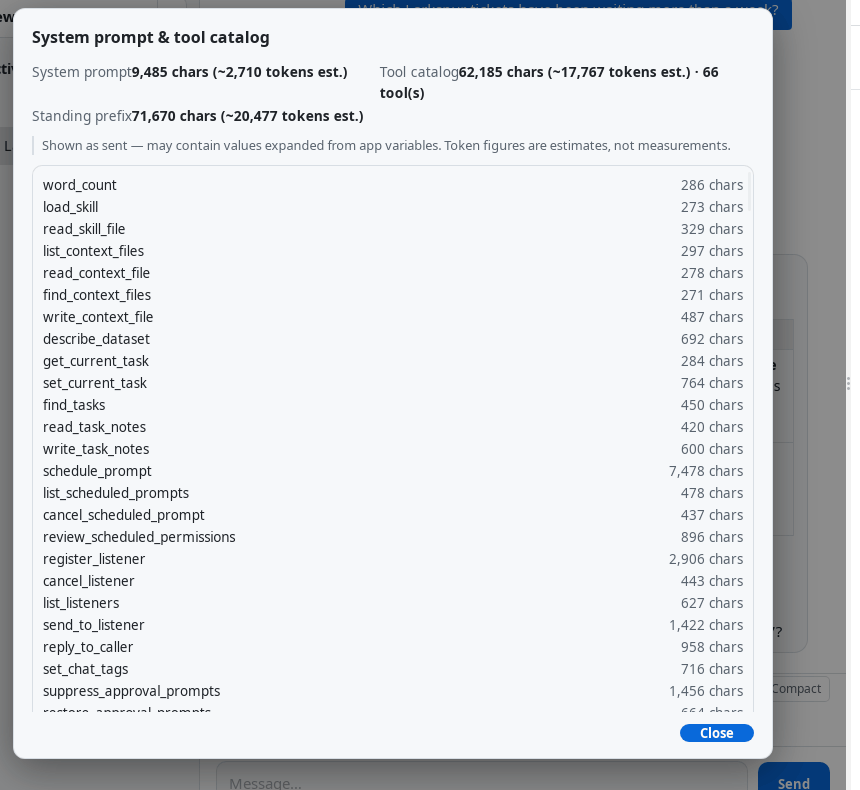A dialog headed “System prompt & tool catalog”. It reports the system prompt's length in characters and estimated tokens, the tool catalogue's length and how many tools it holds, and the total standing prefix. A note says it is shown as sent and that token figures are estimates. Below, a scrolling list of tool names each with its size in characters.