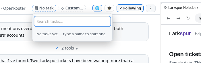 The chat header, over a conversation, with the task control reading “No task” and its menu open below it: a box reading “Search tasks…” and a line reading “No tasks yet — type a name to start one.”
